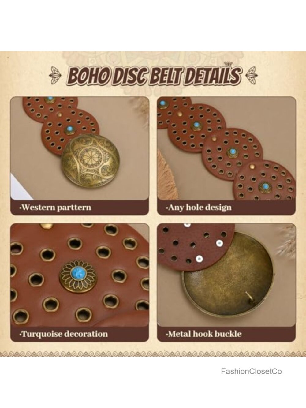 Faux Leather Western Concho Belt Turquoise Boho Cowgirl - Picture 5 of 6